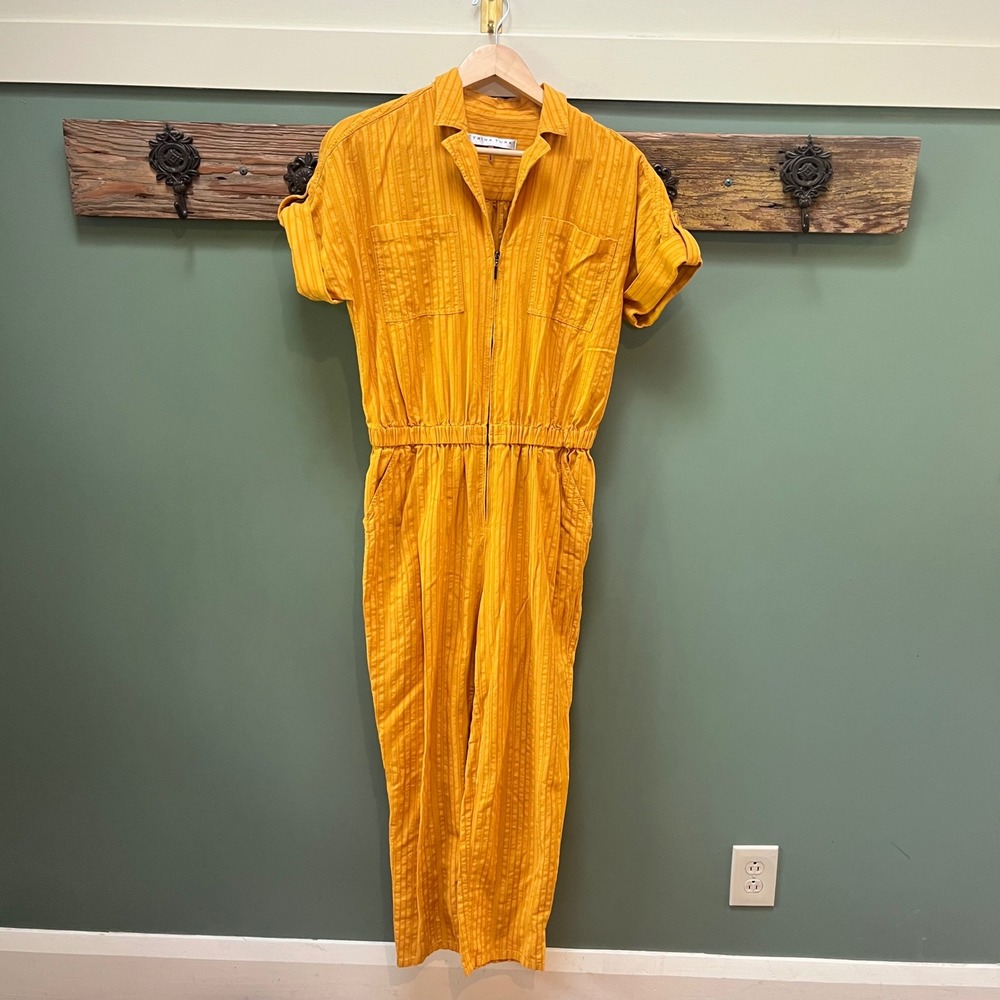 Trina Turk Womens Mustard Yellow Textured Stripe Zip Front Utility Jumpsuit M